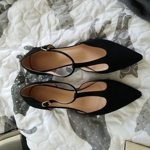 Black faux suede T-strap chunky heels